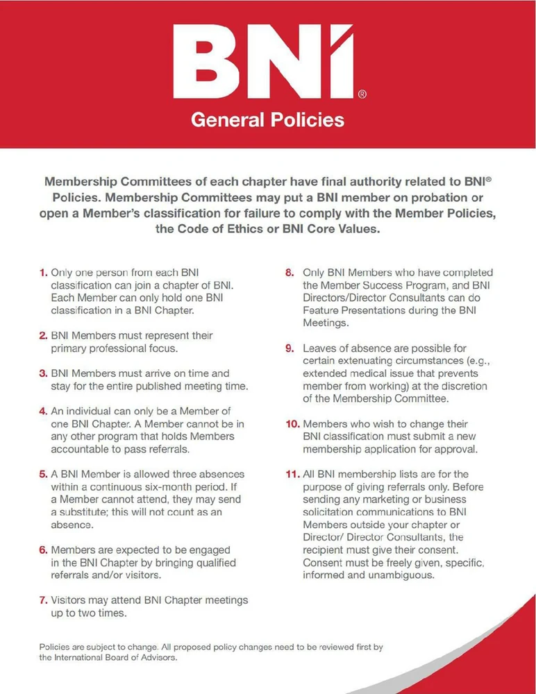 BNI general policies